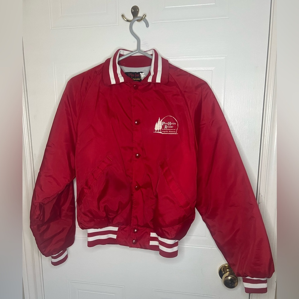 PLA-JAC by DUNBROOKE Striking Red Vintage Bomber Jacket with White Stripes